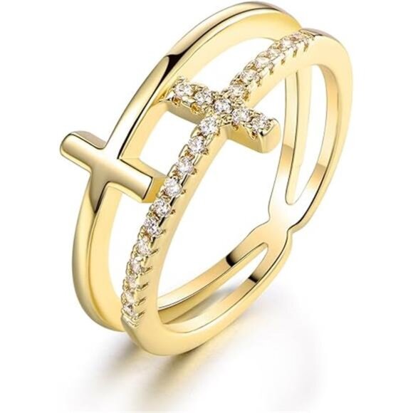 18K Gold Plated Cubic Double Cross Ring - Picture 2 of 7